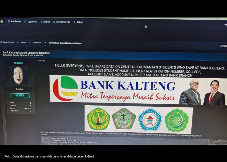 Data Mahasiswa diBank Kalteng Bocor dan Diduga Dijual  di Darkweb