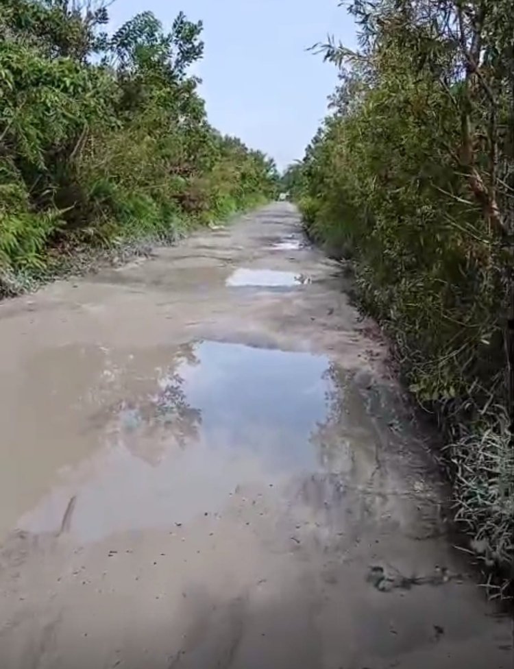 " KONDISI JALAN BINA JADI RT. 04 SUNGAI TENDANG RUSAK DAN TERGENANG AIR, JALUR STRATEGIS MENUJU POLSEK KUMAI MENGANCAM KESELAMATAN PENGGUNA JALAN " 